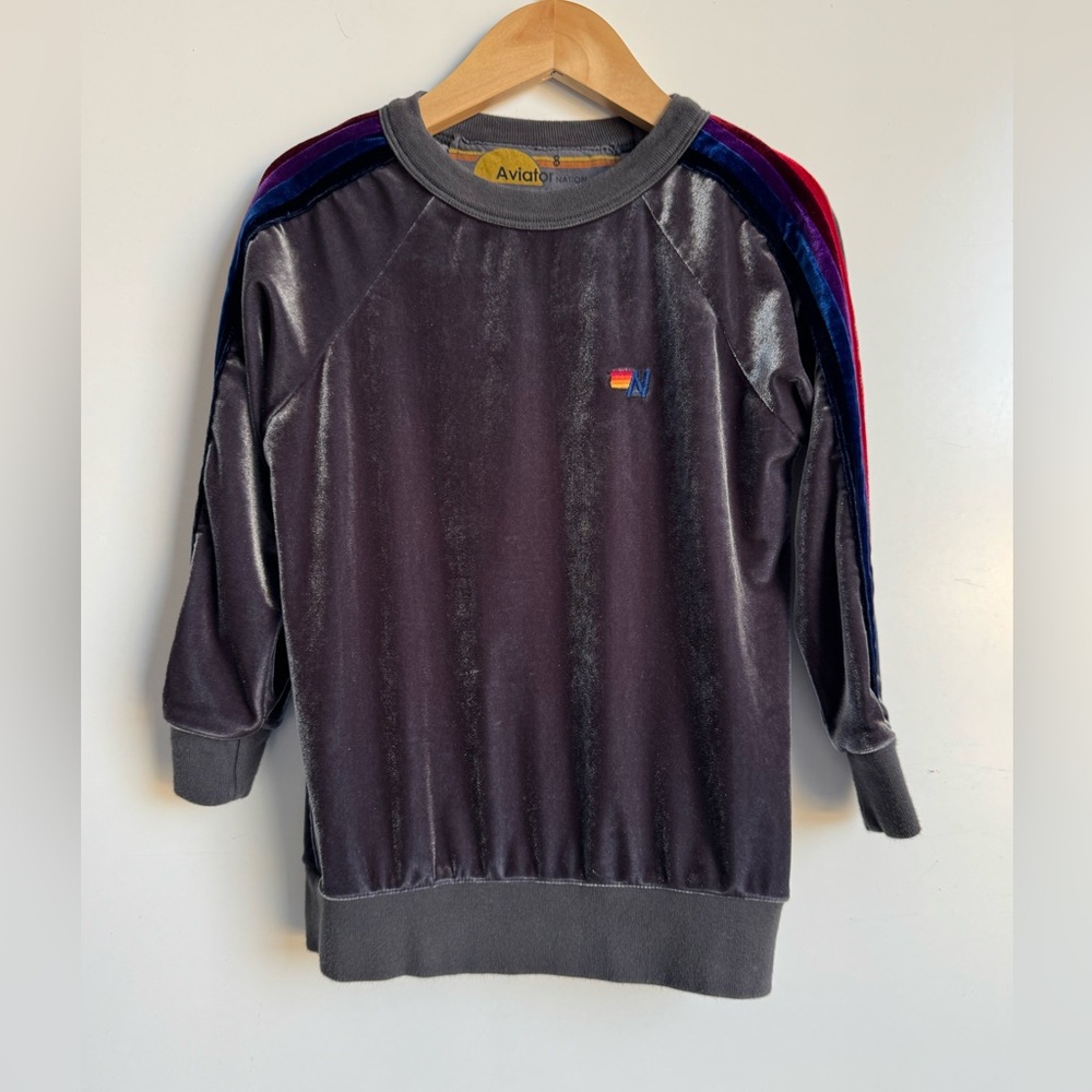 Aviator Nation Kids Velvet 5 Stripe‎ Crew Sweatshirt Size 8 gray velour unisex